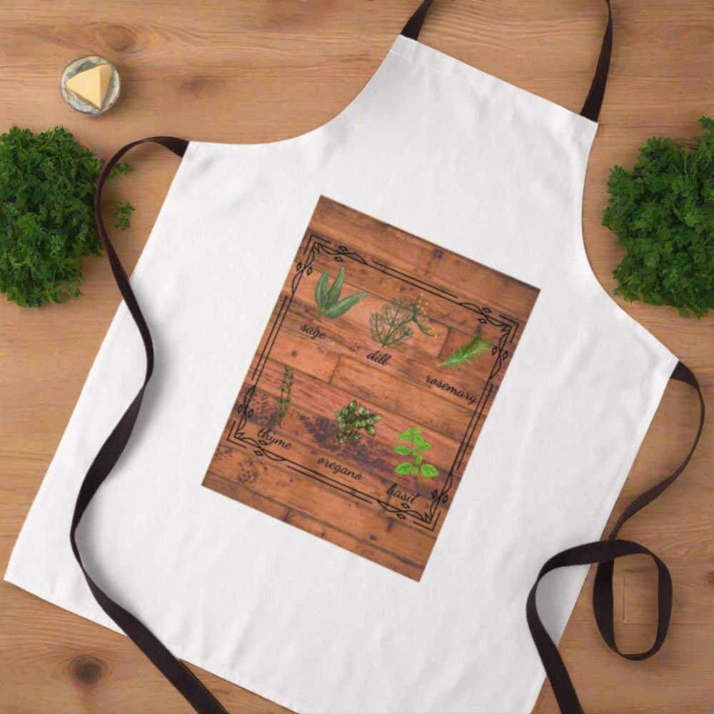 rustic herb chart apron shown on a wood countertop with kitchen herbs