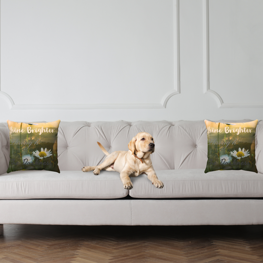 shown in a modern living room with a cute dog on a gray couch