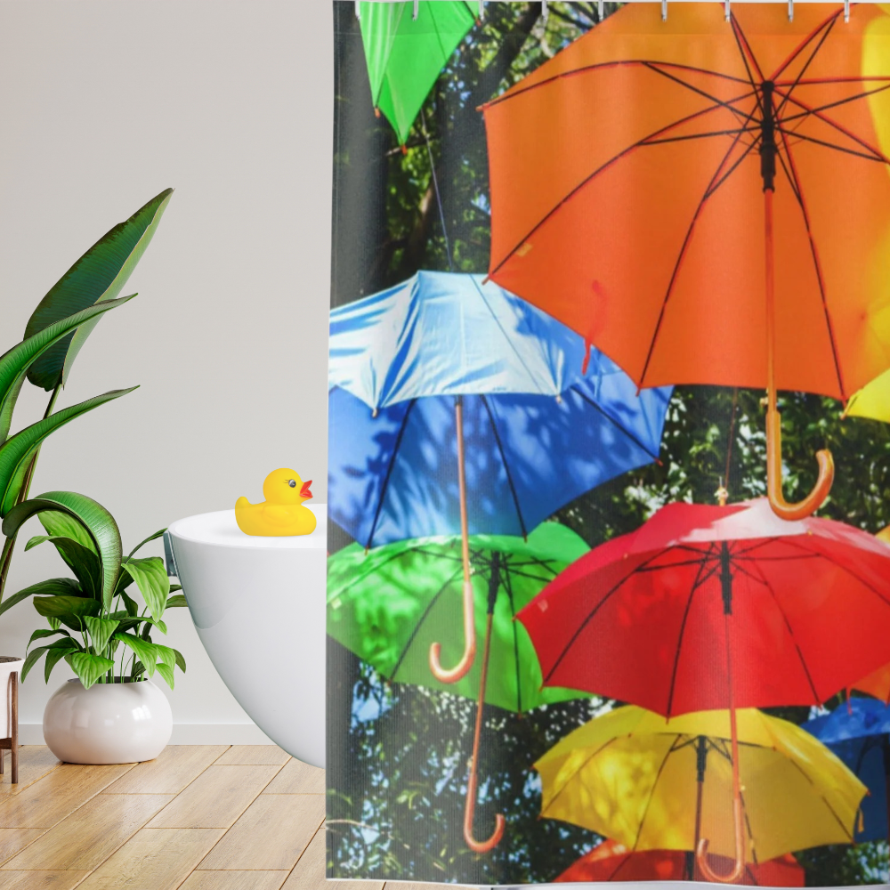 Umbrella shower curtain shown in a kids bathroom