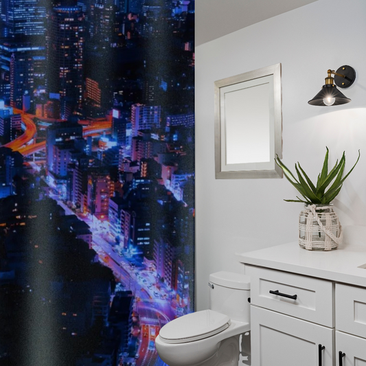 Shower curtain with A bright, vivid blue and deep blue background with red highlights shown in updated bathroom