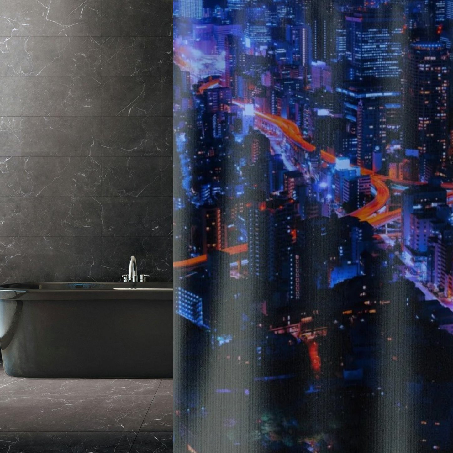 Shower curtain shown A bright, vivid blue and deep blue background with red highlights shown in a charcoal colored bathroom