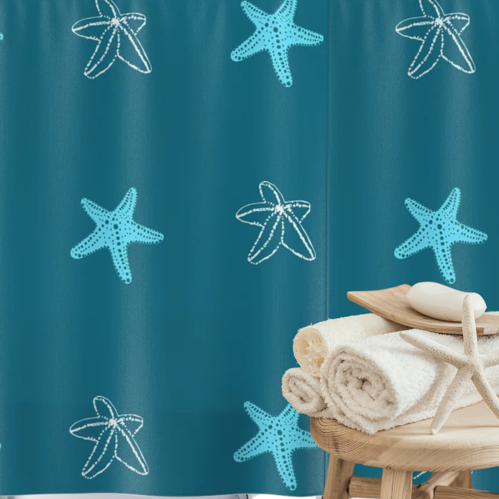 detail of blue starfish shower curtain
