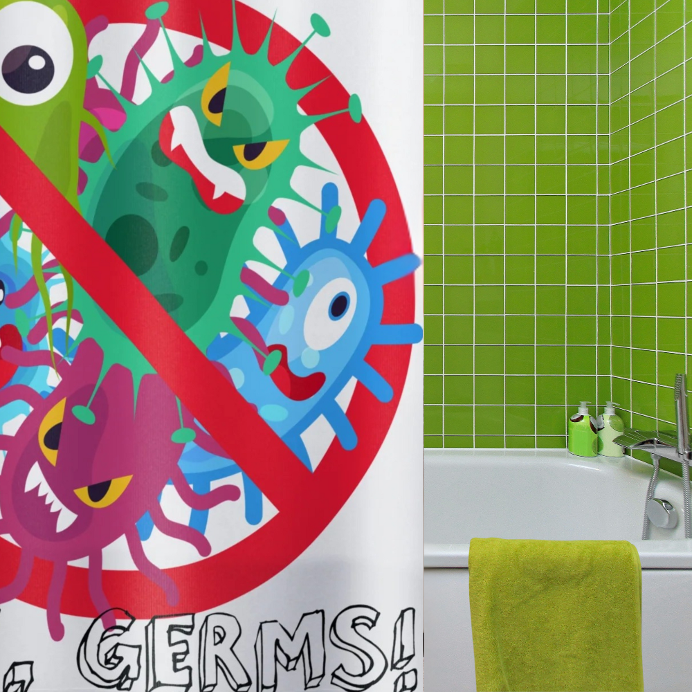 Colorful germs n a white background shown n a bathroom with lime green wall tile