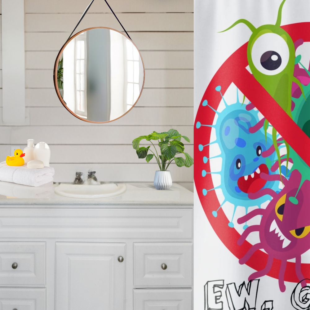 Ew Germs shower curtain shown in a white bathroom with a round mirror