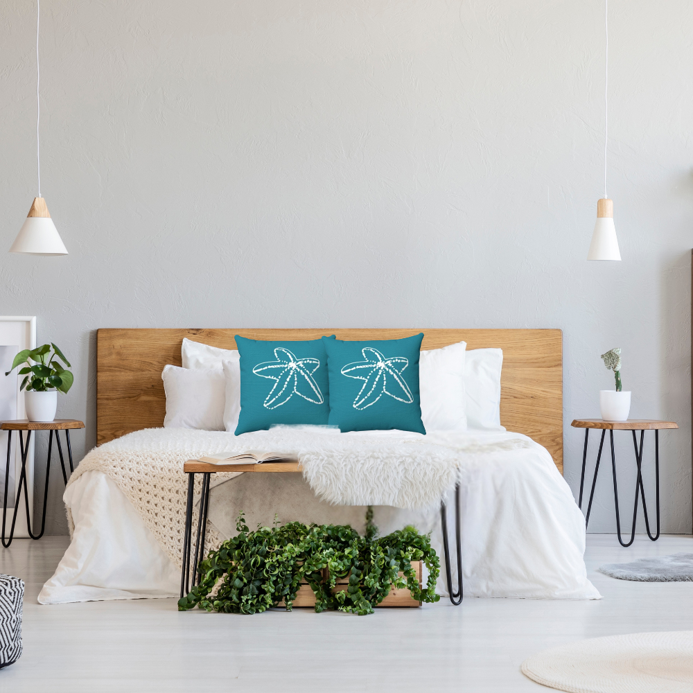 Shown in an airy, coastal bedroom