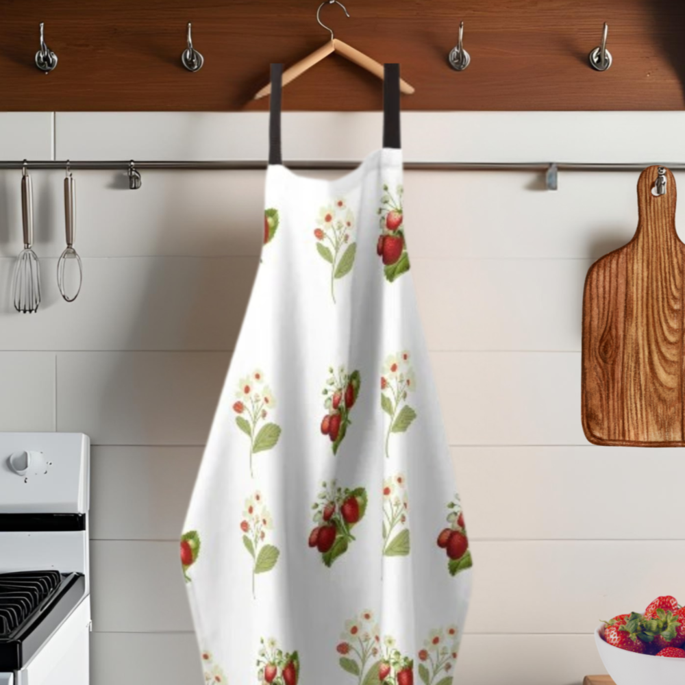 Apron-I Love Strawberries Nostalgic Strawberry Print shown hung on a wall