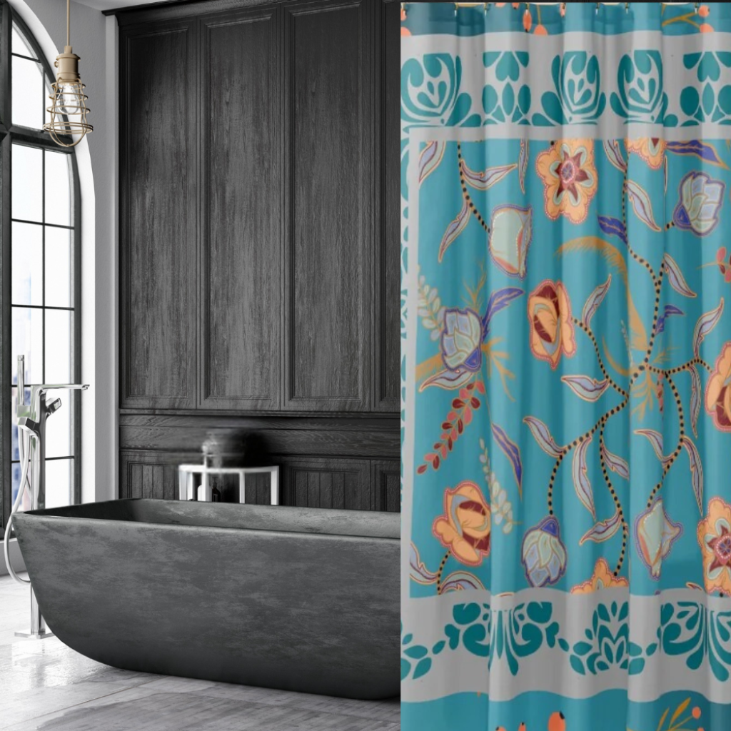 Vibrant Floral Teal and Gray Shower Curtain shown in a dark, luxe bathroom with a charcoal wall and tub