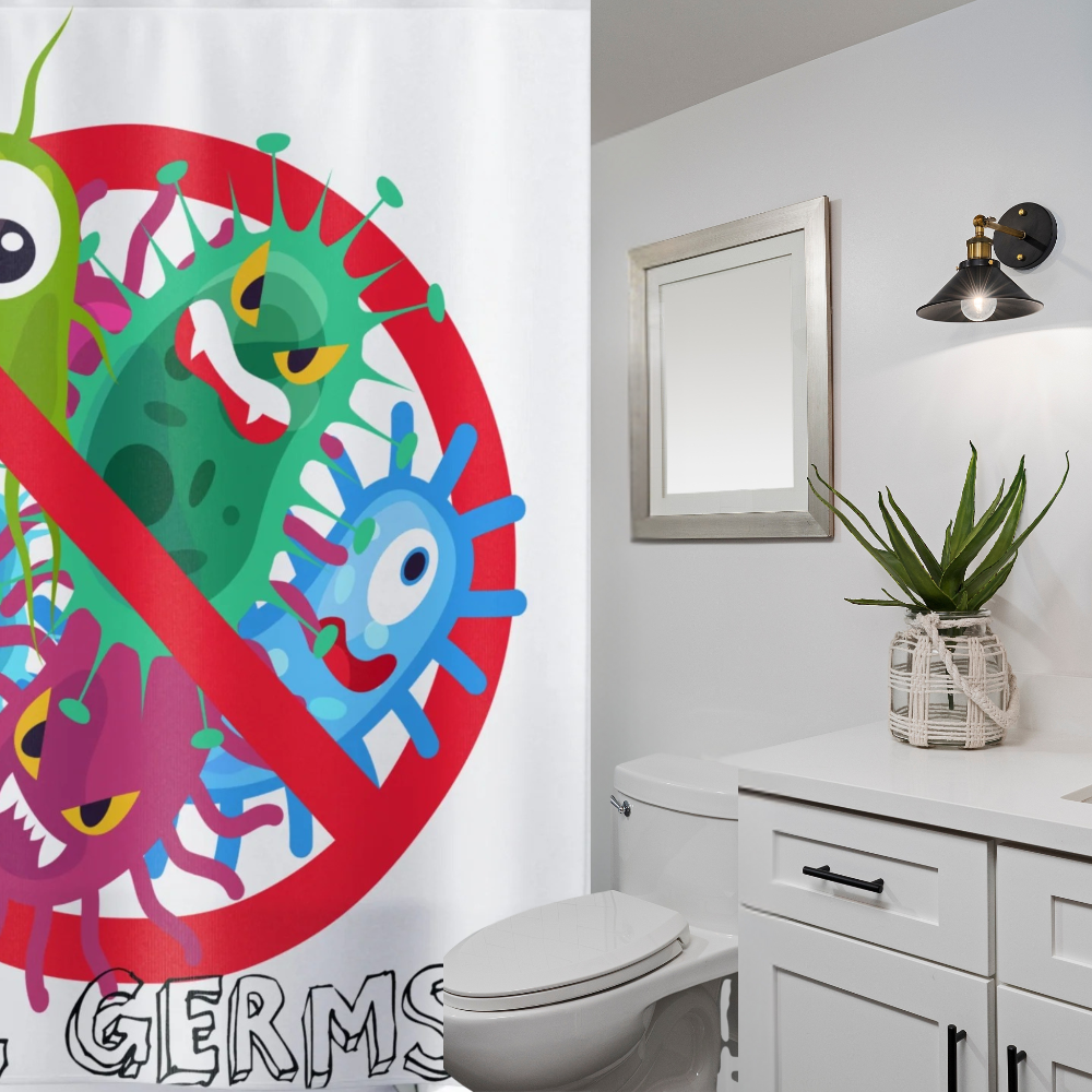 Bathroom with a colorful 'No Germs' shower curtain and white vanity.
