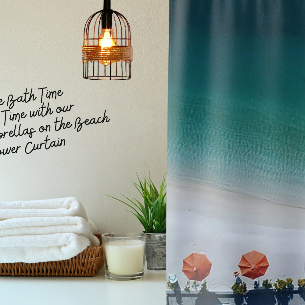 Shower Curtain-Umbrellas on the Beach Design shown with bathroom accessories and text