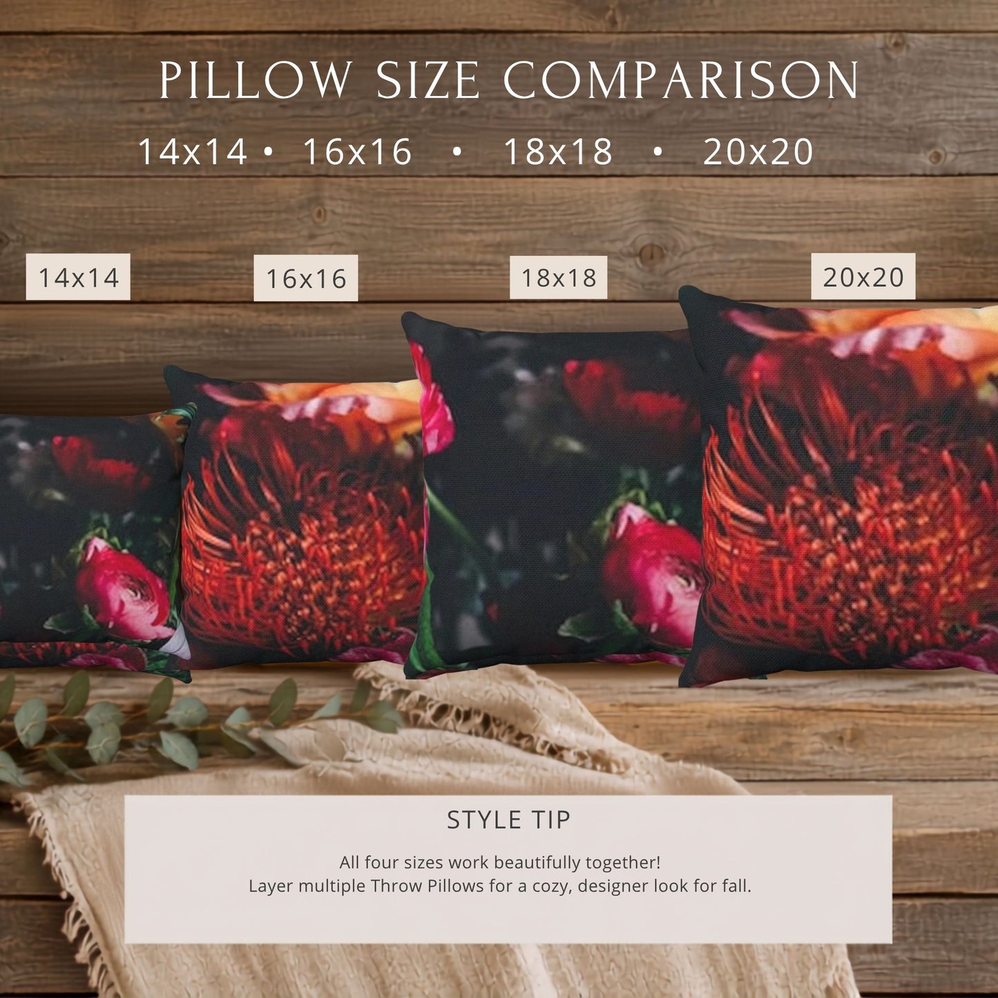 Pillow size comparison graphic showing four floral throw pillows in different sizes (14x14, 16x16, 18x18, 20x20) on a rustic wood background, with text labels and a style tip.