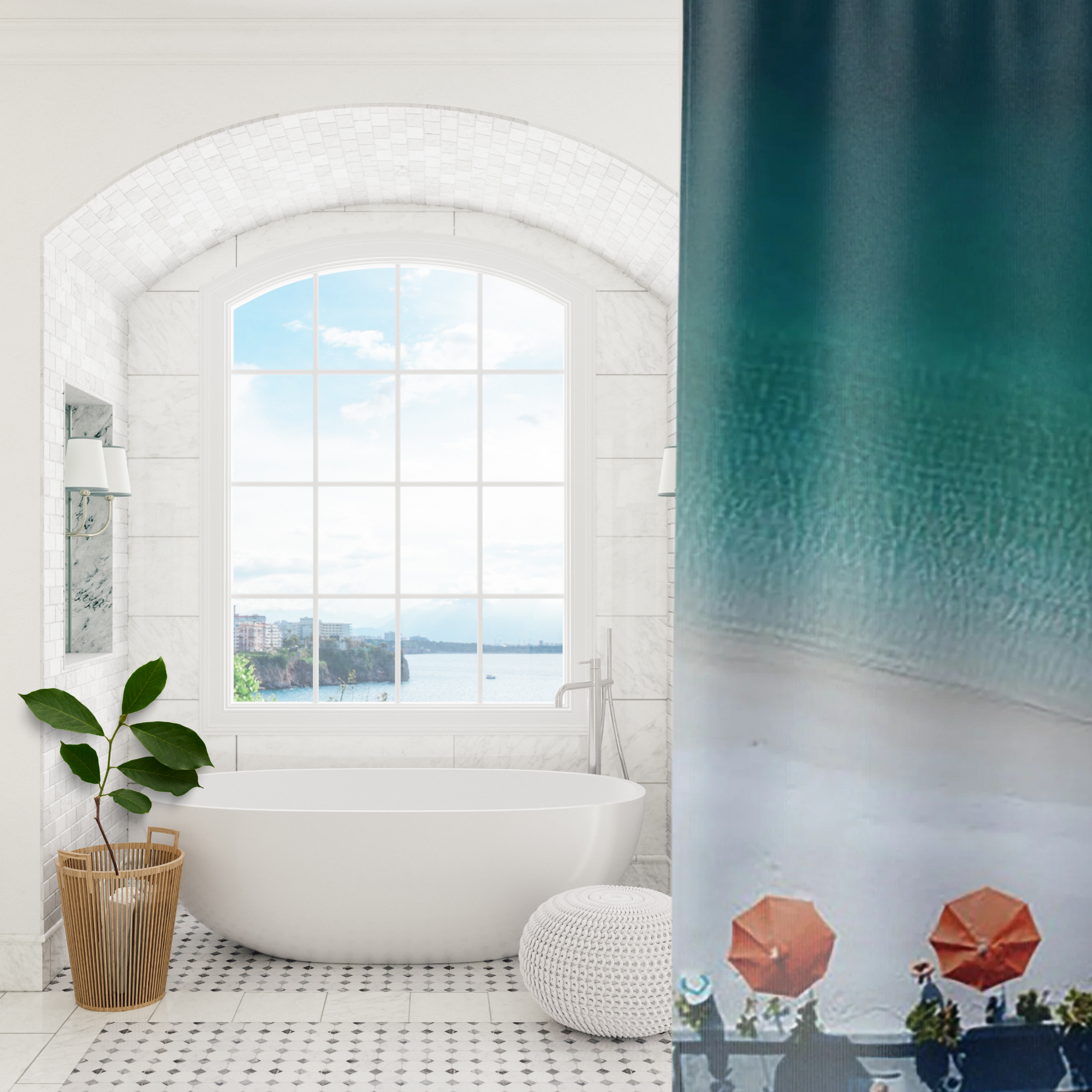 Showing a vibrant blue ocean print ombre design shower curtain in a luxe bath