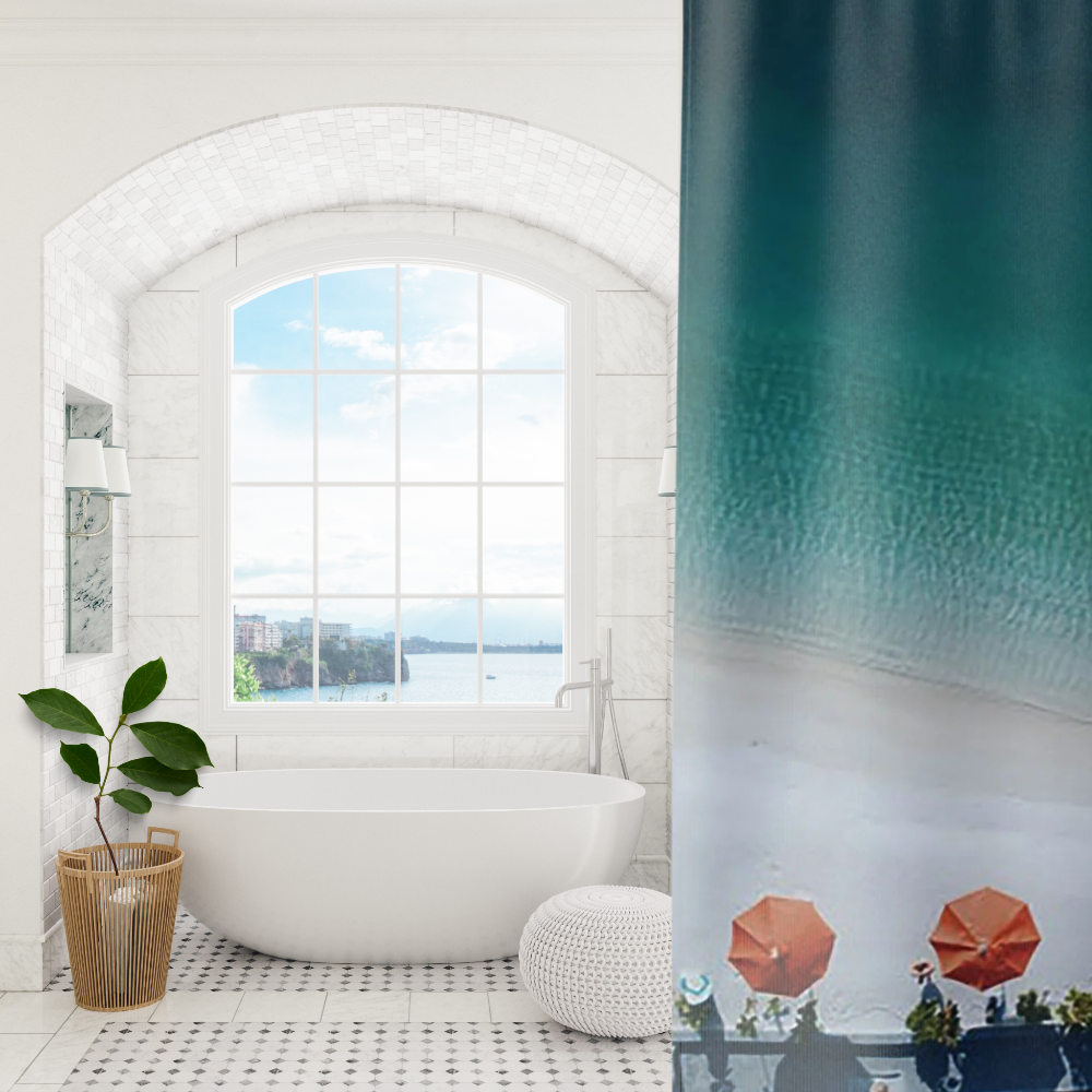 Showing a vibrant blue ocean print ombre design shower curtain in a luxe bath