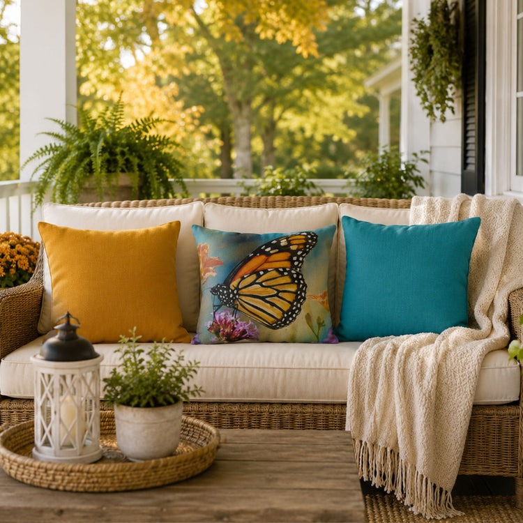 Three decorative pillows in teal, gold and a butterfly print on a porch in the fall.
