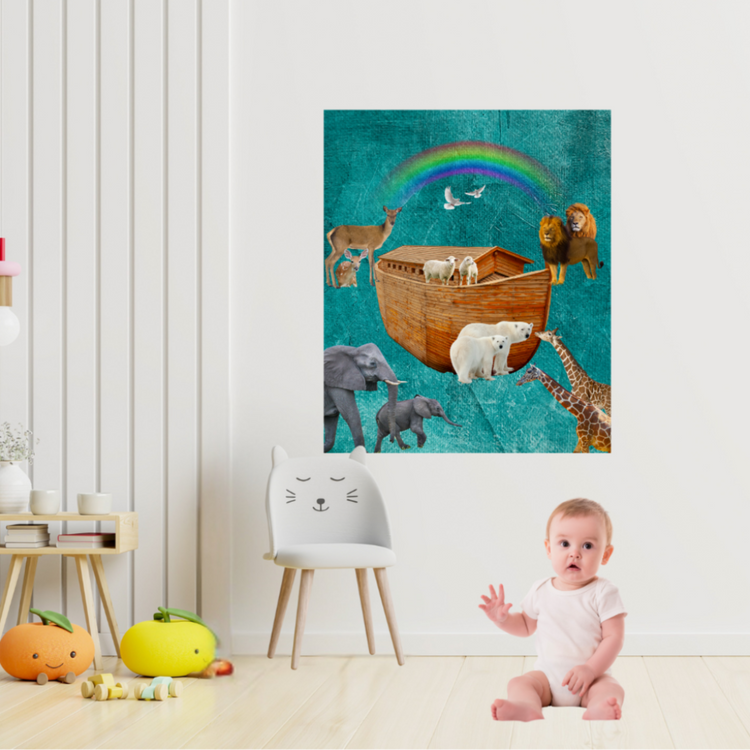 Noah' s Ark Plush Blanket shown in a child's room with an adorable baby