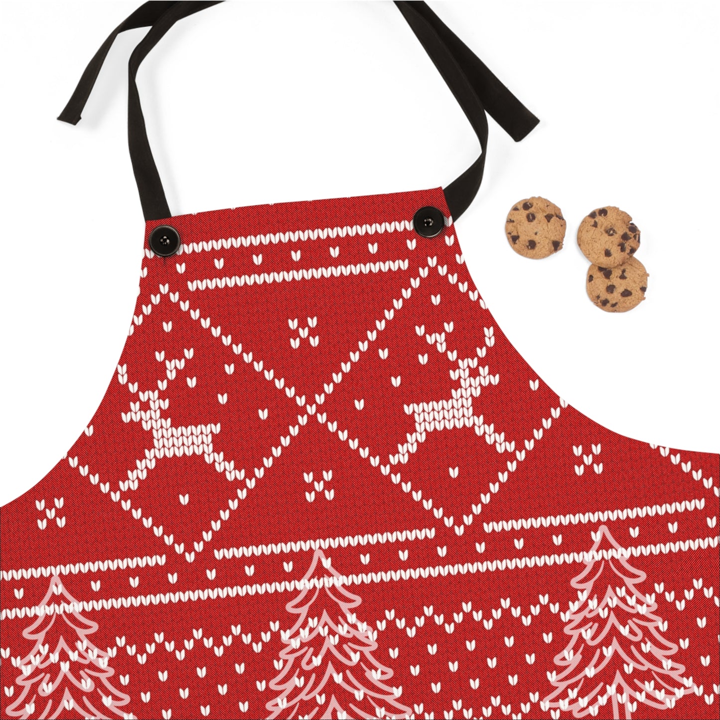 Christmas Faux Knit Pattern Apron — Red Holiday Reindeer & Pine Trees Kitchen Apron