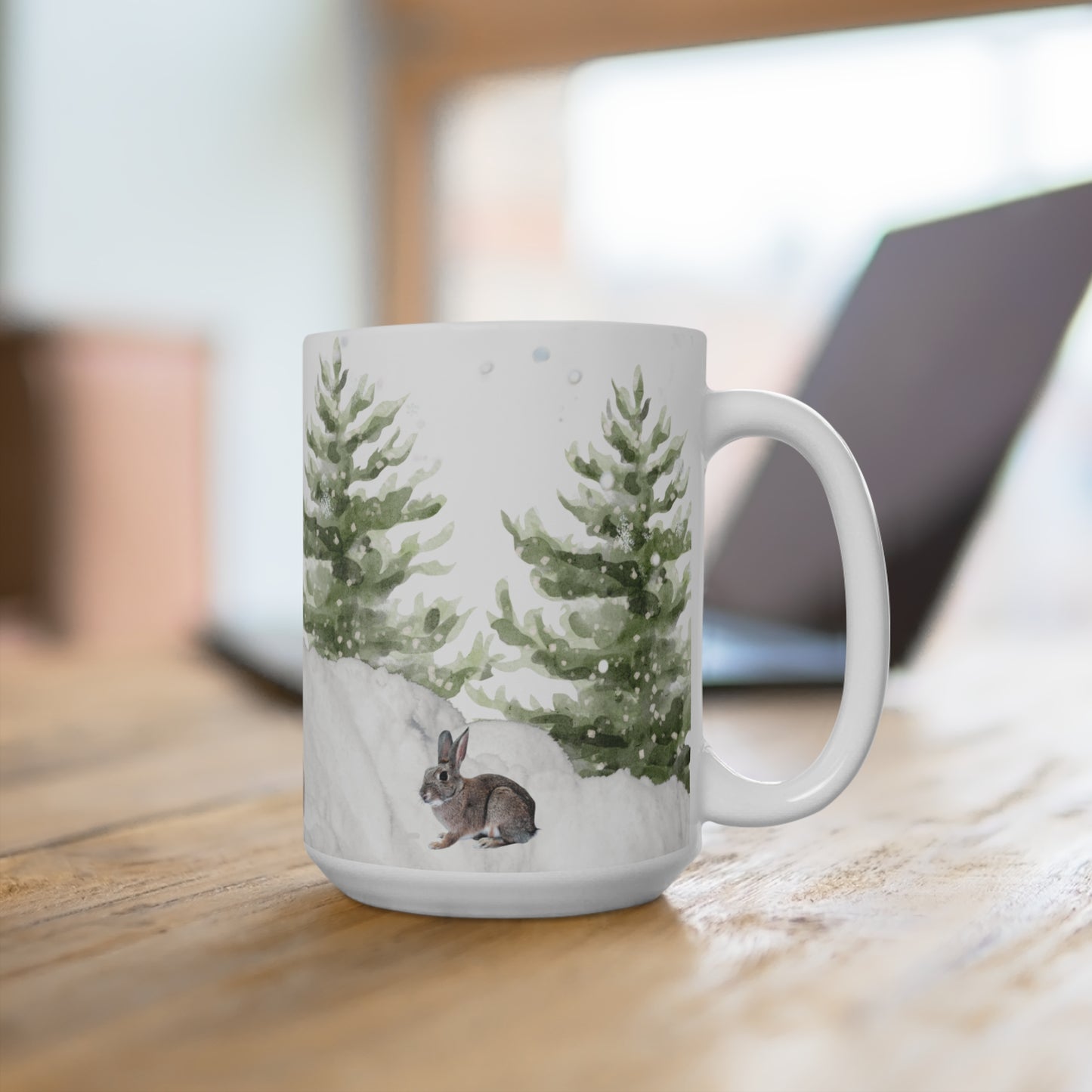 Winter Rabbits 15oz Ceramic Mug — Snowy Pine Forest Bunny Coffee Cup