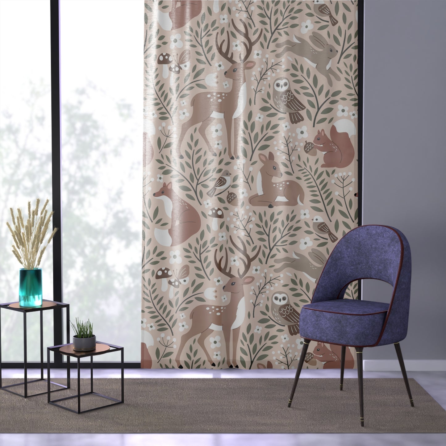 Woodland Deer Curtain — Neutral Forest Animals Window Panel