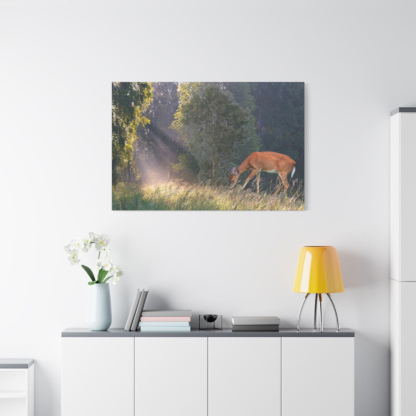 Deer in Sunlit Forest Satin Canvas Print — Stretched Nature Wall Art