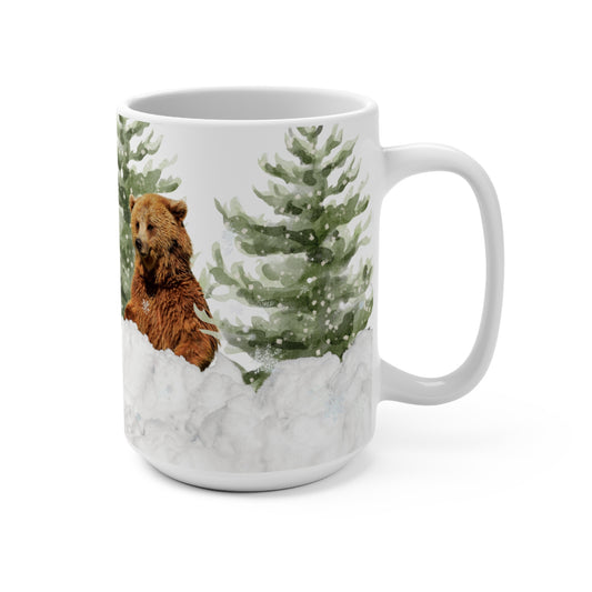 15oz Winter Bear Mug — Cute Woodland Bear in Snowy Pine Trees, Holiday Hot Cocoa Cup-Part of Winter Series