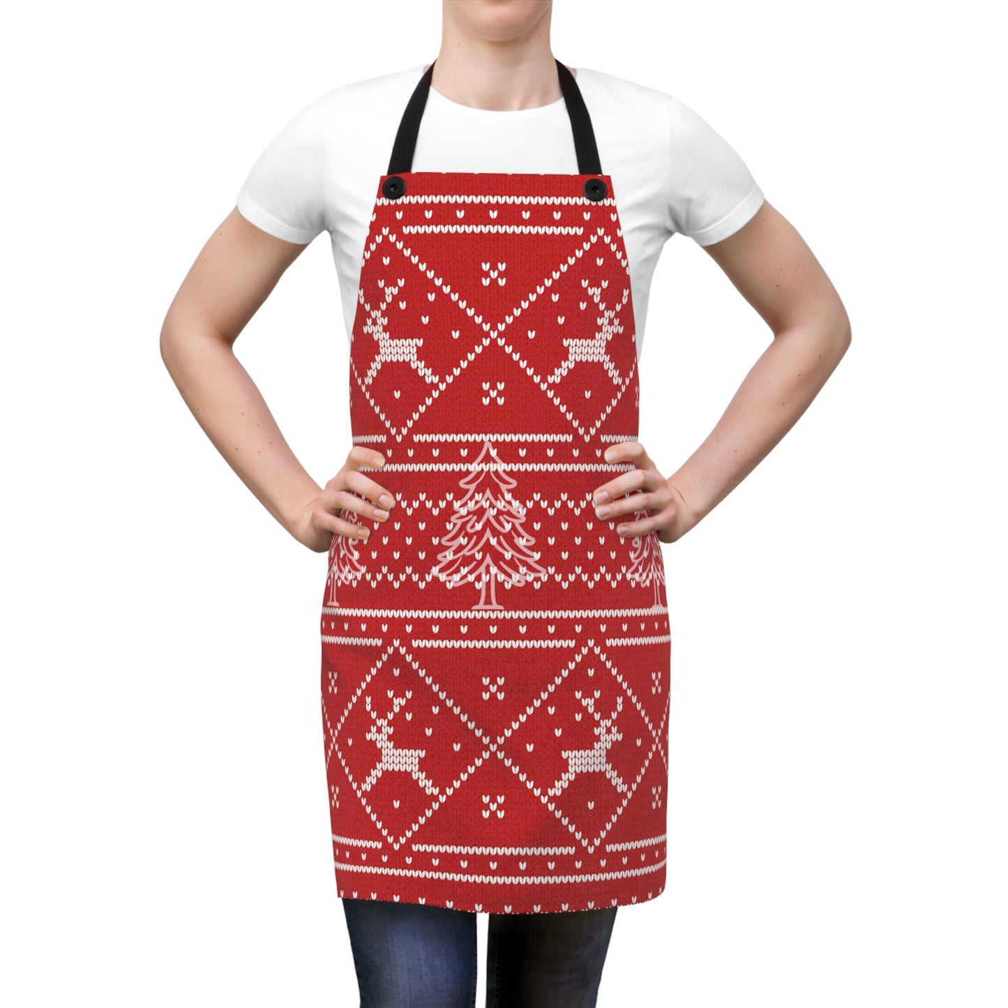 Christmas Faux Knit Pattern Apron — Red Holiday Reindeer & Pine Trees Kitchen Apron