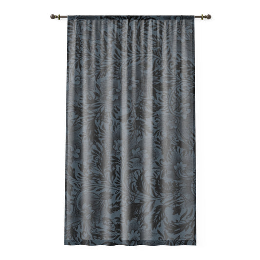 Damask Sheer Window Curtain – Slate Blue Floral Pattern