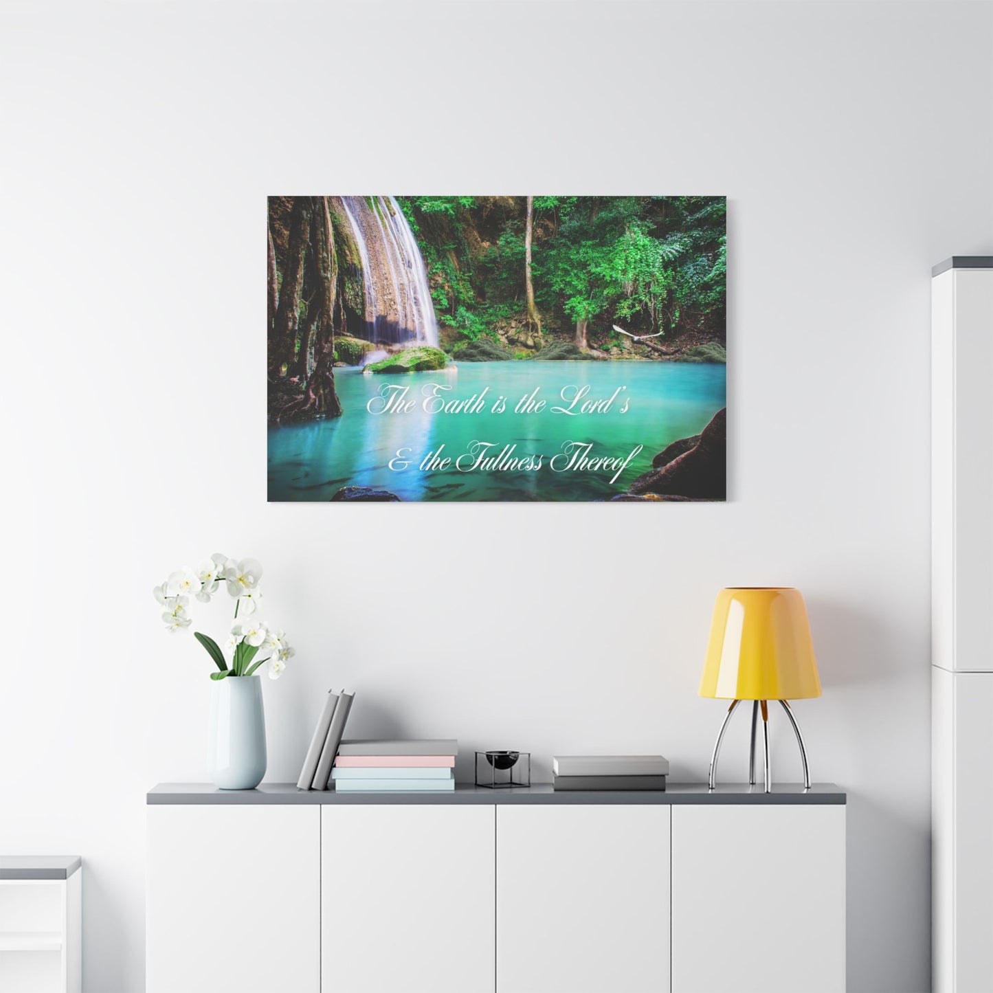 Satin Stretched Canvas – “The Earth is the Lord’s & the Fullness Thereof” Waterfall Wall Art