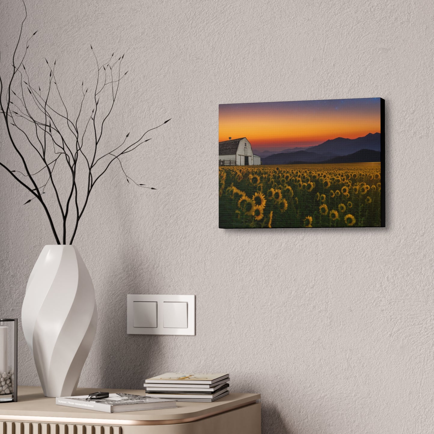 Sunflower Field at Sunset Canvas Wall Art — Farmhouse Barn Landscape Stretched Canvas