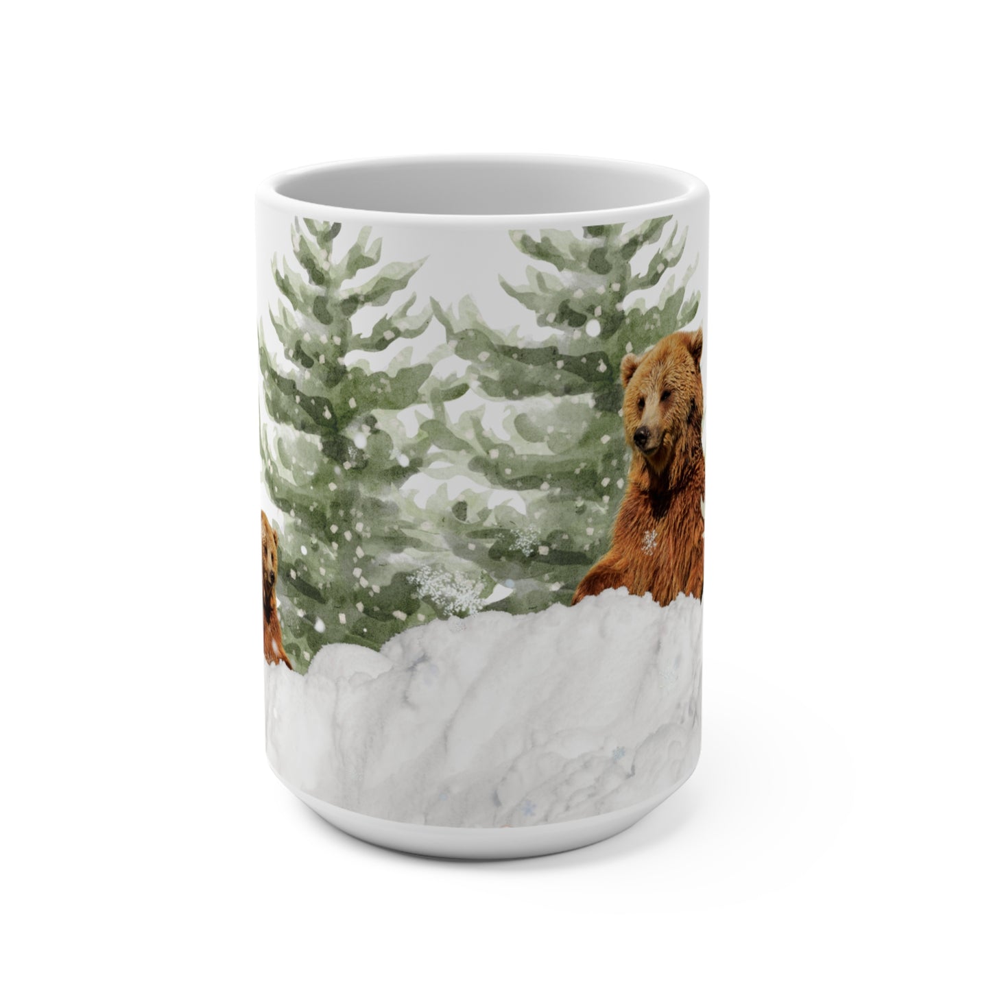 15oz Winter Bear Mug — Cute Woodland Bear in Snowy Pine Trees, Holiday Hot Cocoa Cup-Part of Winter Series