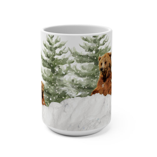 15oz Winter Bear Mug — Cute Woodland Bear in Snowy Pine Trees, Holiday Hot Cocoa Cup-Part of Winter Series