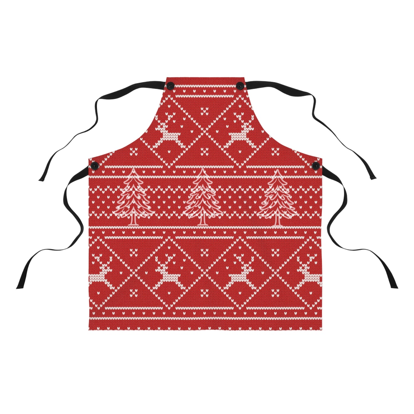 Christmas Faux Knit Pattern Apron — Red Holiday Reindeer & Pine Trees Kitchen Apron