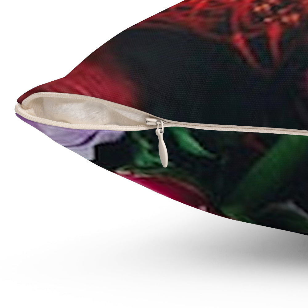 Close-up of a pillow with a zipper, featuring a colorful design.