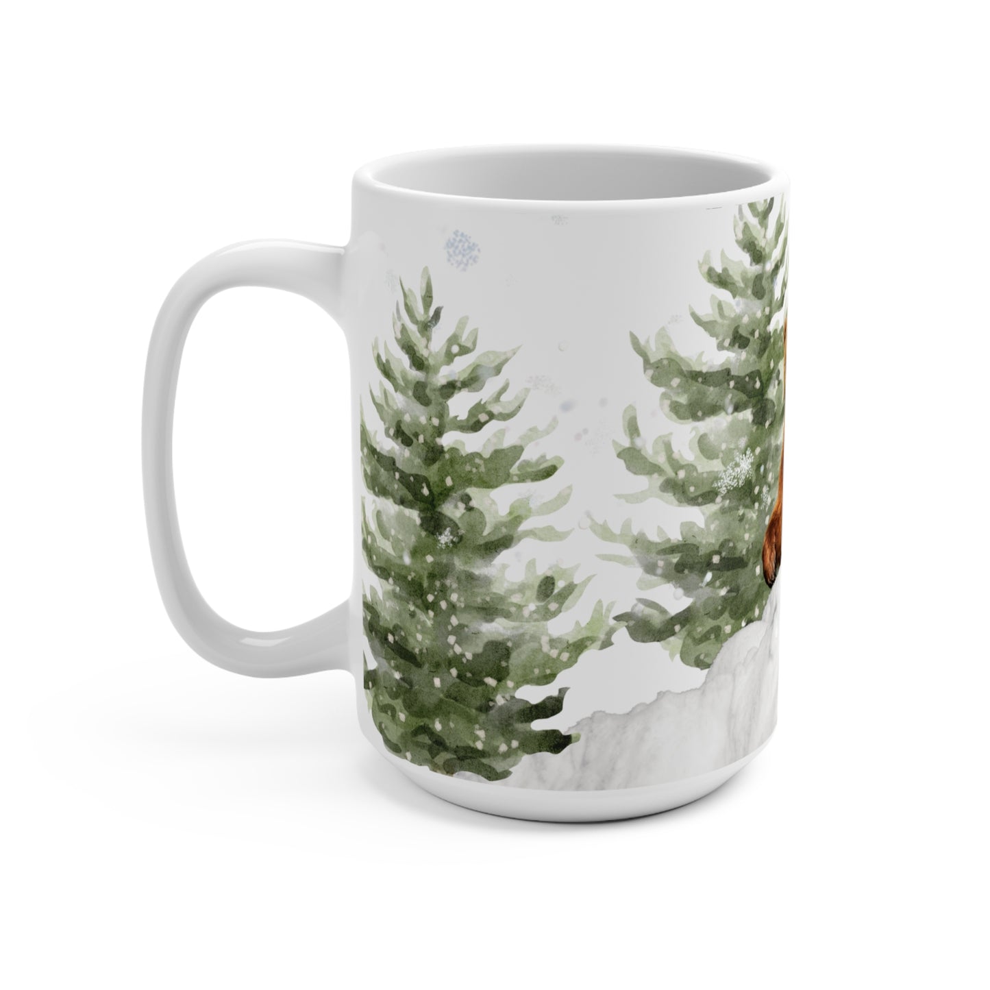 15oz Winter Bear Mug — Cute Woodland Bear in Snowy Pine Trees, Holiday Hot Cocoa Cup-Part of Winter Series
