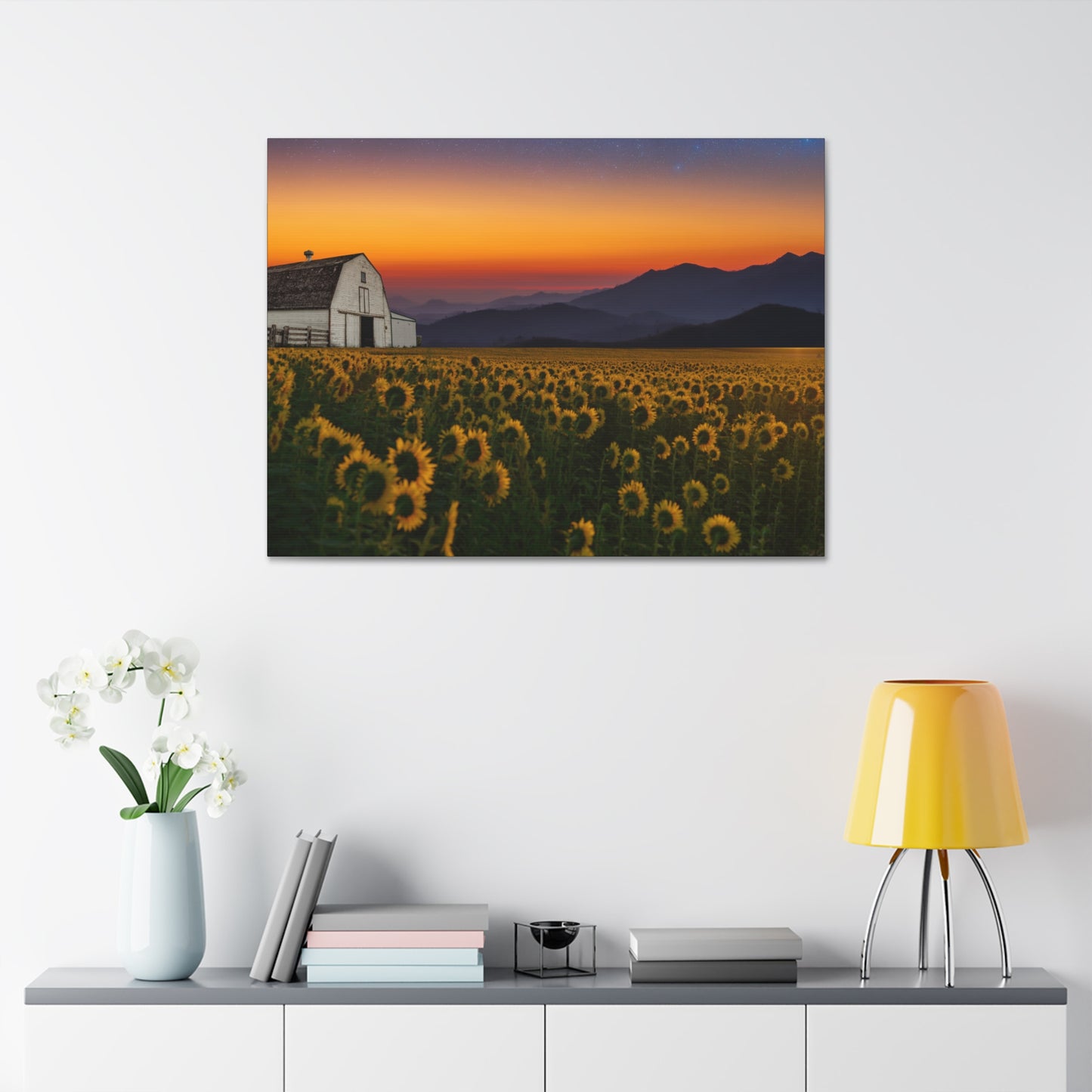 Sunflower Field at Sunset Canvas Wall Art — Farmhouse Barn Landscape Stretched Canvas