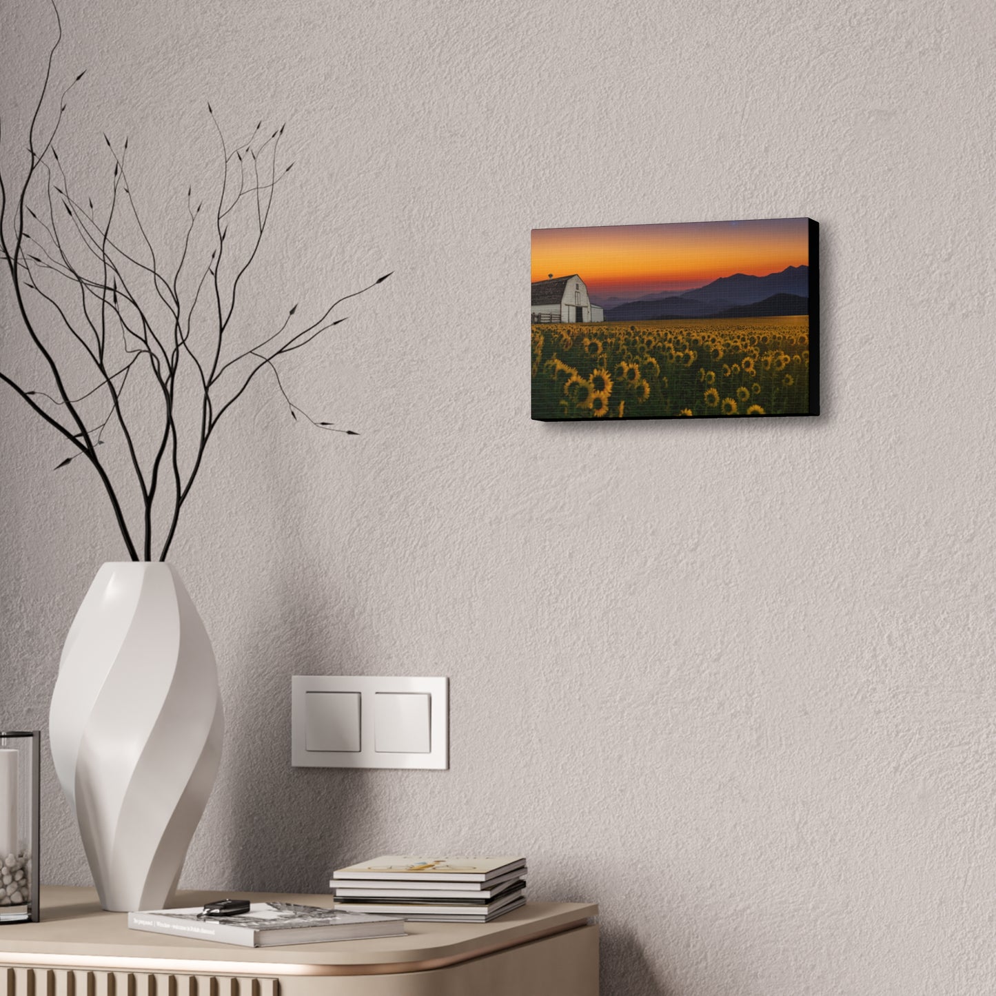 Sunflower Field at Sunset Canvas Wall Art — Farmhouse Barn Landscape Stretched Canvas