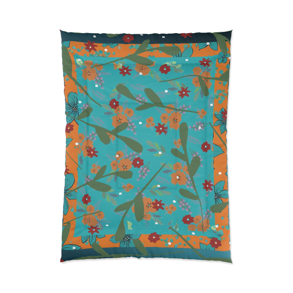 Floral comforter in teal and orange shown twin size