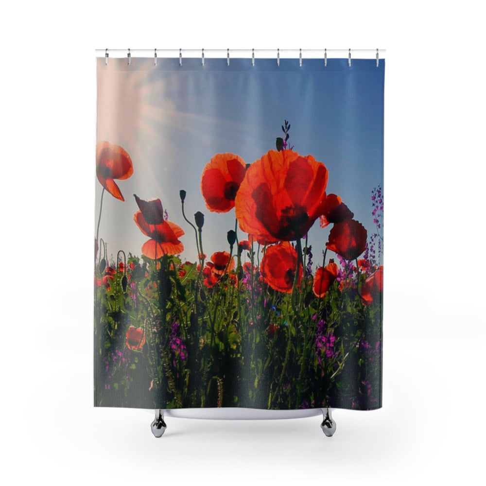 Shower curtain with red poppies and greenery design on a white background