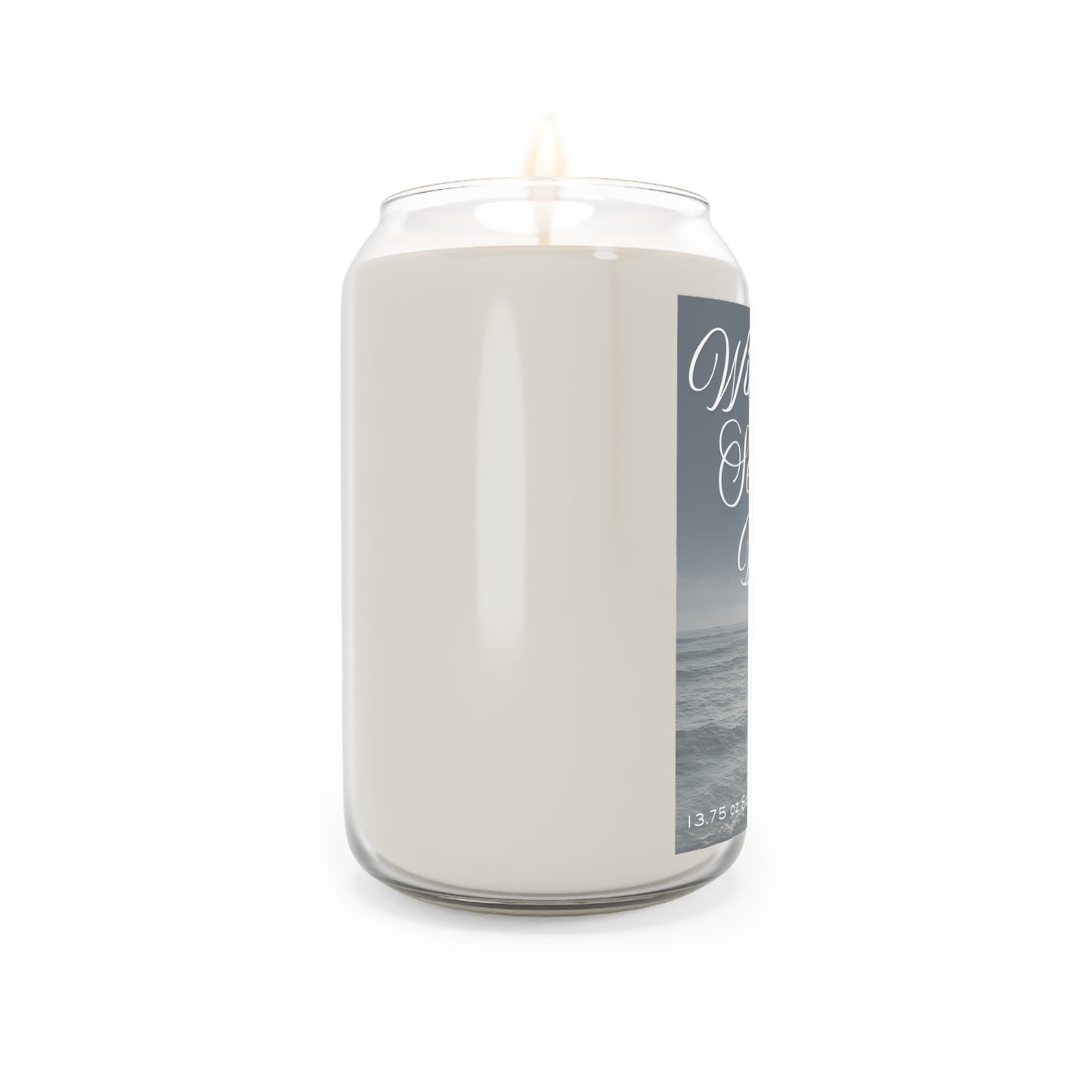 White candle with a label on a white background