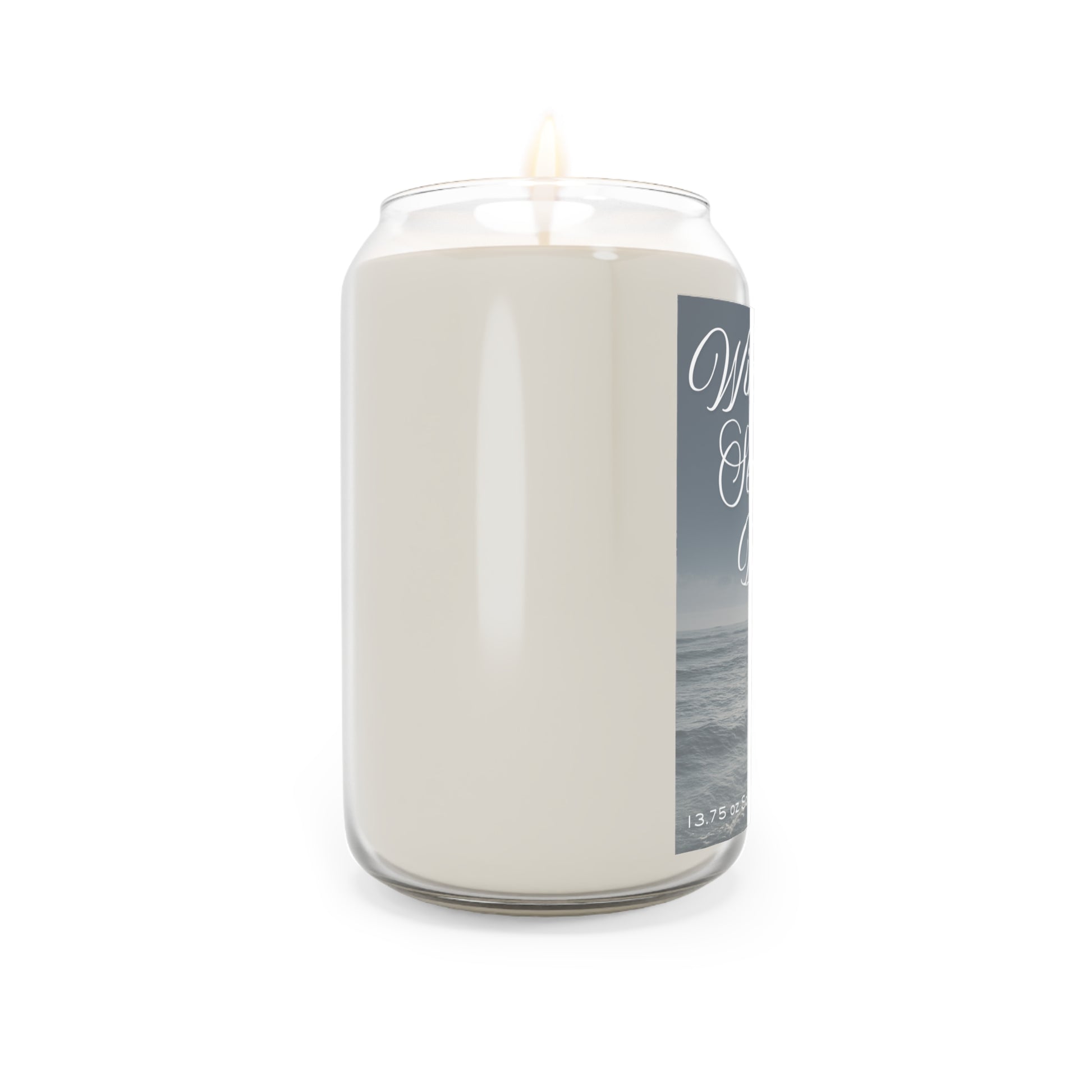 White candle with a label on a white background