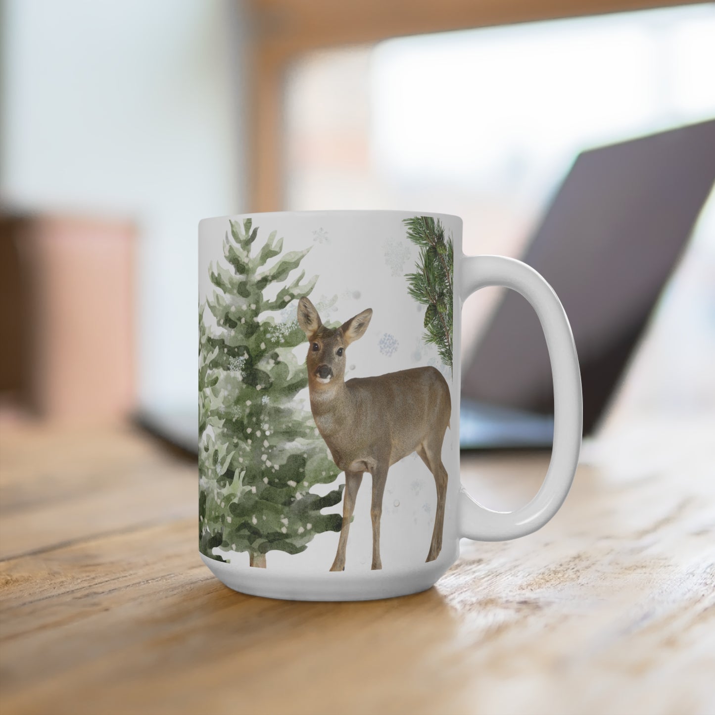Winter Deer Mug — 15oz Holiday Pine Forest Ceramic Cup for Tea or Coffee- Part of the Winter Series