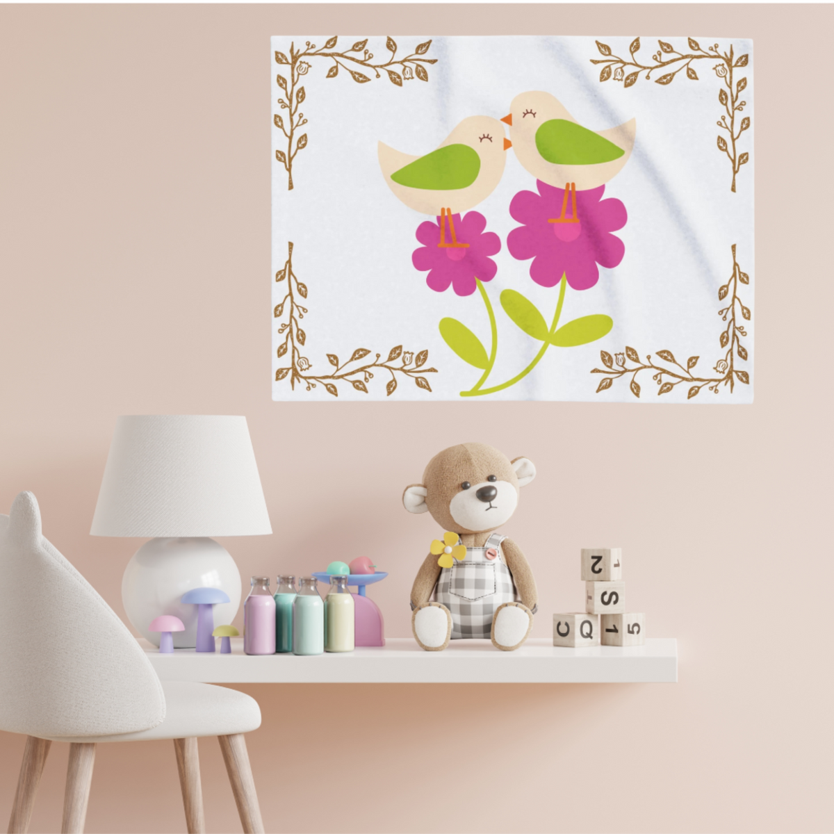 A cozy white fleece baby blanket adorned with delicate birds and blooming florals, captured in a soft, inviting product image that highlights its gentle nursery charm
