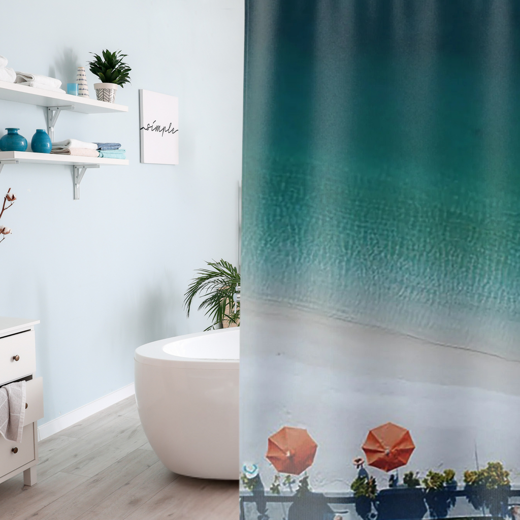 Fading from dark blue at the top to sand color at the bottom with bright orange umbrellas shown in a farmhouse style bathroom