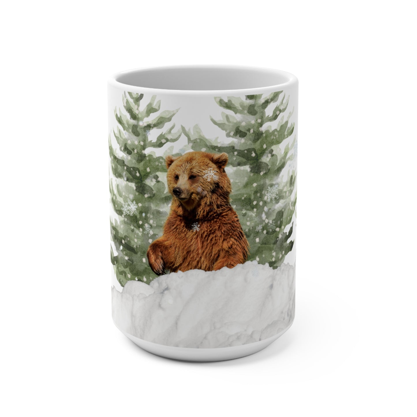 15oz Winter Bear Mug — Cute Woodland Bear in Snowy Pine Trees, Holiday Hot Cocoa Cup-Part of Winter Series