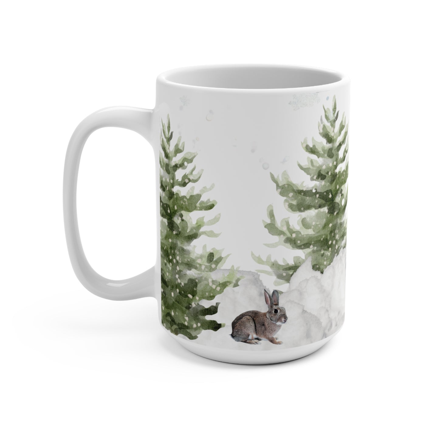 Winter Rabbits 15oz Ceramic Mug — Snowy Pine Forest Bunny Coffee Cup