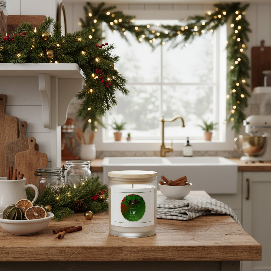 Candle with a wooden lid and 'Fraser Fir' label on a white background