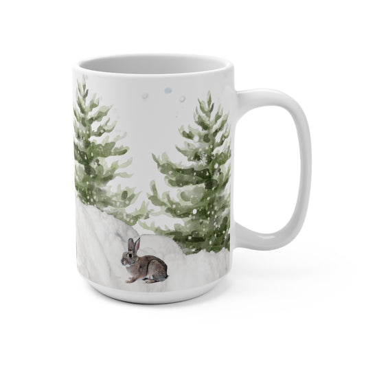 Winter Rabbits 15oz Ceramic Mug — Snowy Pine Forest Bunny Coffee Cup