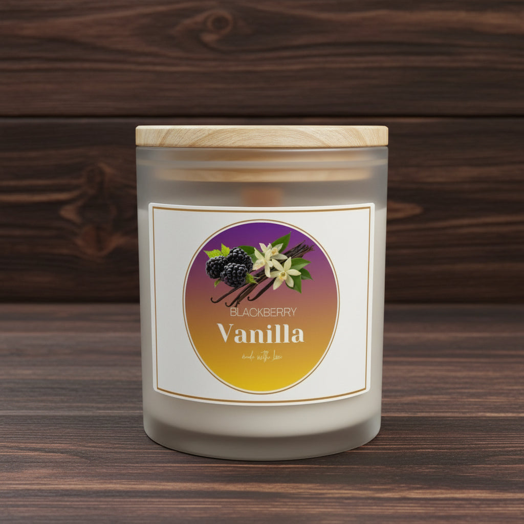 Blackberry Vanilla Frosted Glass Candle — 11 oz Premium Designer Scented Candle