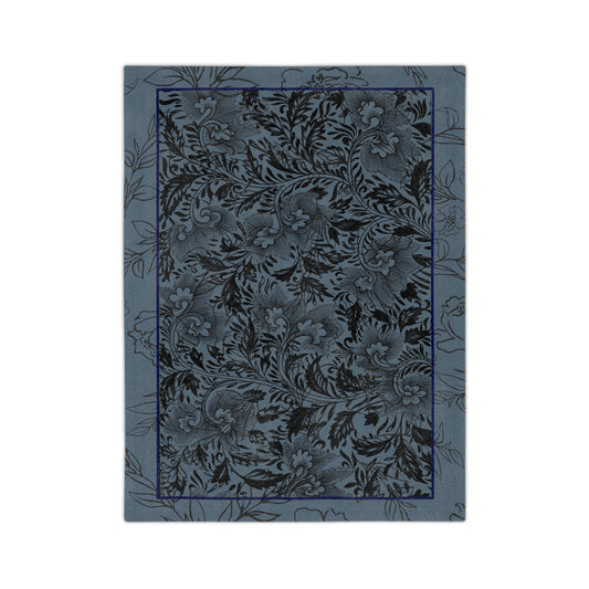 Blue Floral Velveteen Blanket — Plush Microfiber Throw with Vintage Botanical Pattern
