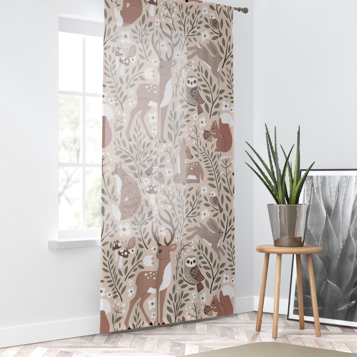 Woodland Deer Curtain — Neutral Forest Animals Window Panel