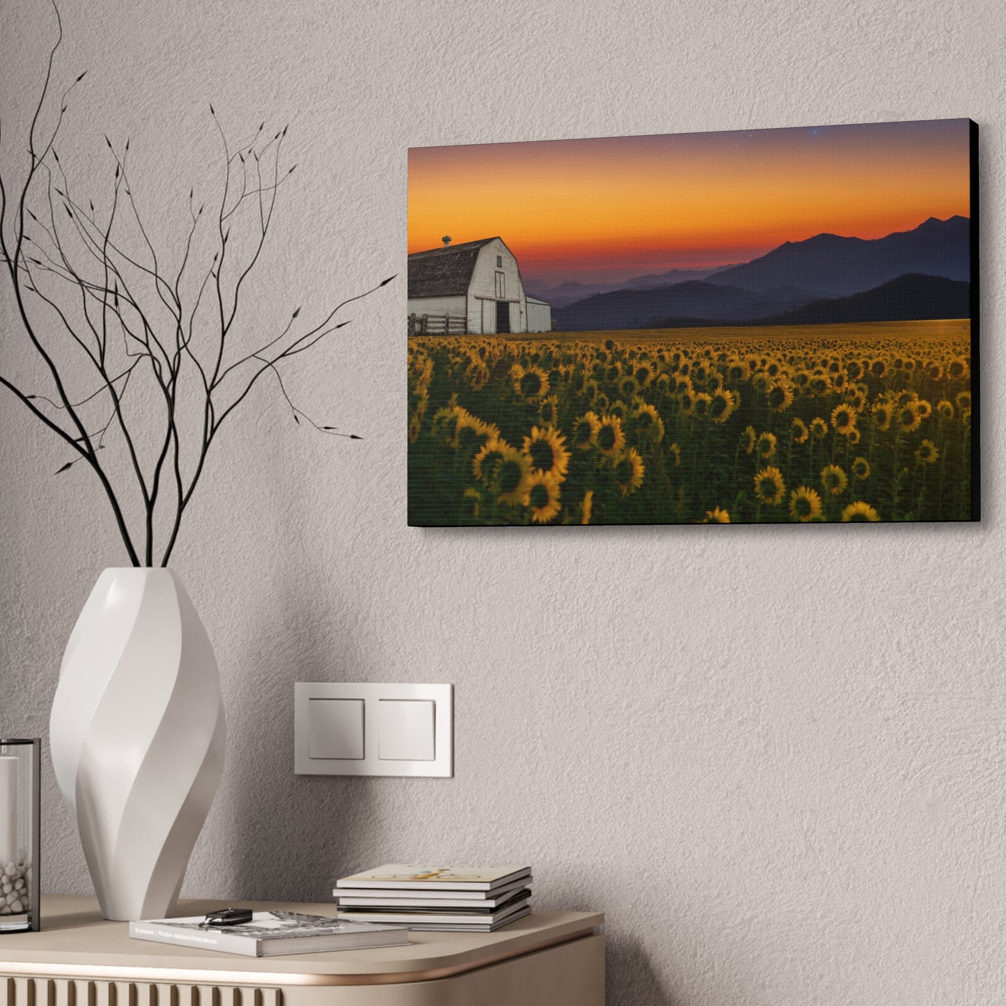 Sunflower Field at Sunset Canvas Wall Art — Farmhouse Barn Landscape Stretched Canvas