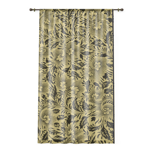 Damask Floral Window Curtain – Vintage Gold & Charcoal Sheer Drapery